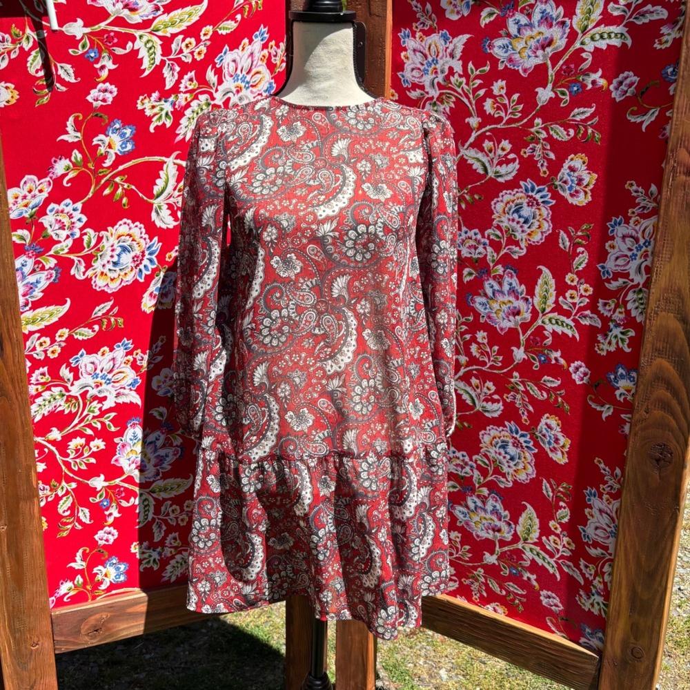 LOFT Red White and Blue Paisley Shimmer Paisley Flounce Mini Dress Size XXSP